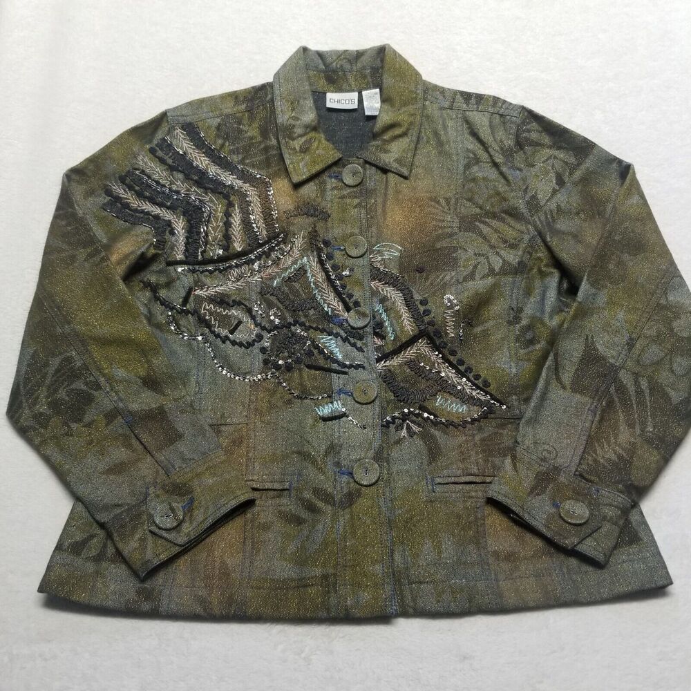 Chicos Size 2,  US Lg.,  Jacket Sequin Beaded Green Artsy Boho Goblin Gremlin